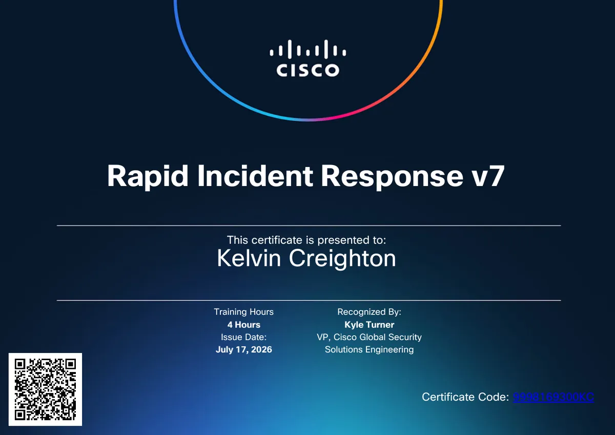 Cisco Rapid Incident Response V7 certificate
